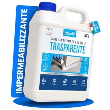 BIBODU® Sigillante Impermeabile Trasparente 5 KG | Impermeabilizzante Trasparente | Perfetto come Impermeabilizzante Terrazzi, Tetti, Esterni, Interni, Cucine
