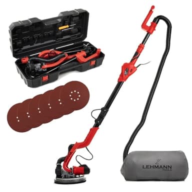 Lehmann LTOWG-7122 - Smerigliatrice per cartongesso con LED e manico telescopico, smerigliatrice con sistema di aspirazione, 1800 Watt, piatto con velcro Ø 225 mm, con 6 dischi abrasivi e valigetta