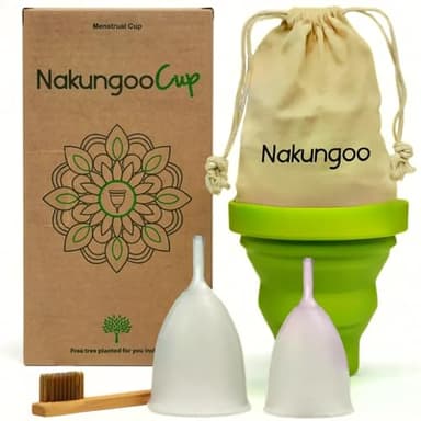 Nakungoo Cup Coppetta Mestruale Morbida 100% Silicone Medicale Certificata, Anallergica, Riutilizzabile per Flusso Abbondante | Kit Completo 2 Taglie (S e L) con Sterilizzatore, Sacchetta e Spazzolina