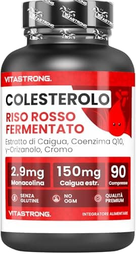 Riso Rosso Fermentato Colesterolo Vitastrong, 2,9 mg di Monacolina K, Integratori Colesterolo con CoQ10, Caigua, γ-Oryzanol, Policosanolo, e Cromo, 90 Compresse Riso Rosso Fermentato (Red Yeast Rice)