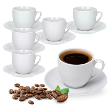 Generico Set 6 Tazzine da Caffè con Piattino 90 ml in Ceramica Bianca – Design Elegante, Ideali per Espresso, Bar e Casa – Lavabili in Lavastoviglie