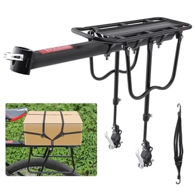 Kegoupdys Portapacchi Bici Posteriore, Portapacchi per Bicicletta Regolabile con Riflettore è Corde Elastiche, Carico su 50 kg Nero.