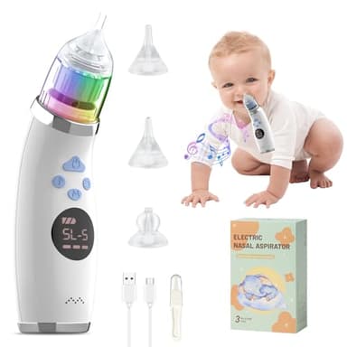 Bwaliffury Aspiratore Nasale Elettrico, Aspiratore Nasale Neonato Elettrico, Aspiratore Nasale Elettrico per Bambini, 5 Livelli Di Aspirazione & 3 Punte In Silicone Senza BPA, Luci Colorate & Musica