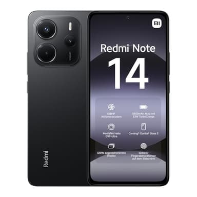 Xiaomi Smartphone Redmi Note 14, 8+256GB, nero, sistema di telecamere AI da 108 MP, batteria da 5500 mAh, display per la cura degli occhi da 120 Hz, funzioni AI (caricabatterie non incluso), 2 anni di