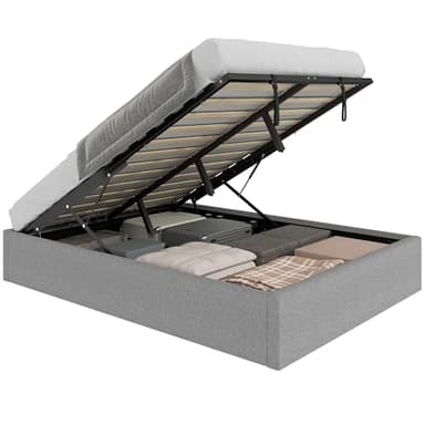 HOMCOM Struttura Letto Matrimoniale 140x190 cm, Letto Matrimoniale Imbottito con Contenitore, Pistone a Gas, Rete a Doghe in Legno, Senza Materasso, Silenzioso, Montaggio Facile, Altezza 28 cm, Grigio