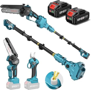 SEESII P6 Combo 6 Pollici Motosega a Batteria Telescopica & 33 mm Forbici Potatura a Batteria, 4-in-1 Kit Motosega e Forbici con 2 * 4000 mAh Batterie, Portata Massima Fino a 4,57 m