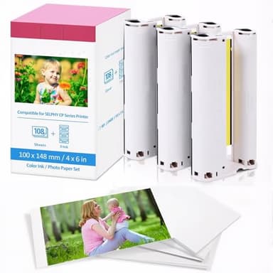 Fimax Carta Fotografica e Cartucce compatibile per Canon Selphy CP1500 CP1300 CP910 CP1200 CP1000 CP900 Stampante Cartucce e Carta Fotografica KP-108IN (3 Cartuccia di Inchiostro, 108 Fogli 10x15 cm)