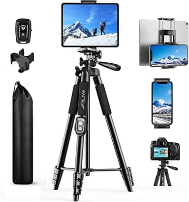 Treppiede Smarthphone, Nuovo 165cm/65in Treppiedi Fotocamera Cavalletto Smartphone per iPhone/Samsung/Huawei/iPad/Reflex, Cavalletto Telefono con Supporto Telefono e Telecomando Bluetooth,Nero