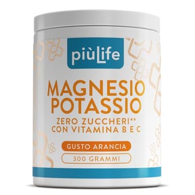 Magnesio e Potassio Senza Zucchero 300g Arancia PiùLife – con B12, B6, B1, Acido Folico, C – Contro Stanchezza e Affaticamento, Supporto Muscoli e Sistema Nervoso – Magnesio in Polvere