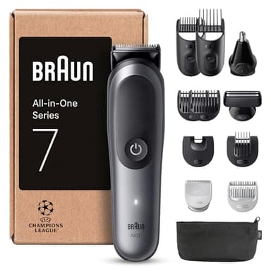 Braun Rifinitore All-In-One Series 7, Rasoio Elettrico Barba 12In1, Taglia Peli Naso E Orecchie, Macchinetta Per Capelli, Lama ProBlade, Tecnologia AutoSense, Wet&Dry, AIO7545, Grigio
