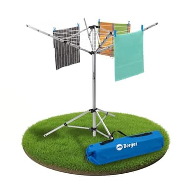 BERGER - Stendino per Esterno in Alluminio - Stendibiancheria a Ombrello Allungabile con Piedini Antiscivolo - Filo per Stendere 15,5m - Stendino Mobile da Campeggio o da Giardino Robusto e Resistente