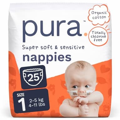 Pura Pannolini Ecologici, Taglia 1 (2-5kg), 1 Confezione (25 Pezzi) per Neonati, Pelle Sensibile, Cotone Organico, Indicatore di Bagnato, Ritaglio per Cordone Ombelicale