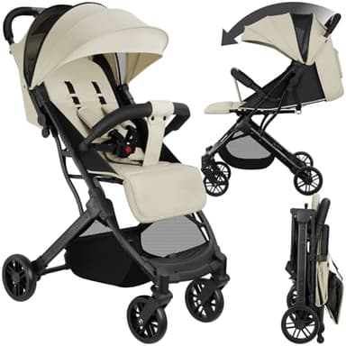 tectake® Passeggino Pieghevole, Passeggino Leggero con Cintura a 5 Punti Regolabile, Freno Pedale, Tettuccio Pieghevole con Finestra, Protezione Raggi UV, Passeggino Bambini da 0 a 3 Anni-Grigio/Beige