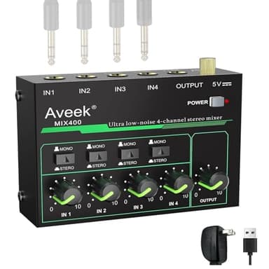 Aveek Mini Line Audio Mixer - Mixer audio piccolo a 4 canali con commutazione stereo/mono e funzionamento a basso rumore per sub-missaggio di precisione, ingresso/uscita TRS da 1/4", ideale per