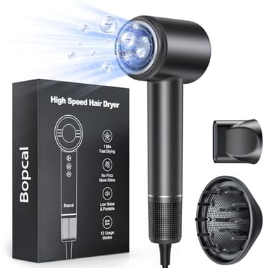 Bopcal Phon Capelli Ionico con Diffusore - 160000 giri/min ad Alta Velocità per Riccioli Secchi, Asciugacapelli Professionale con 500 milioni di ionico, Termo-controllo, per Salone e Viaggio, Regalo