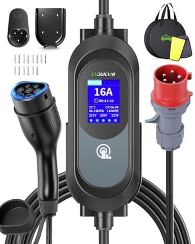 EVJUICION Mobile Wallbox 11 kW Tipo 2 Trifase, 6-16A, 0-12H Programmabile 6 Metri Colonnina Ricarica Auto Elettrica con Display 2,4 LCD, Cavo Ricarica Auto Elettrica Tipo 2 con borsa, Spina CEE