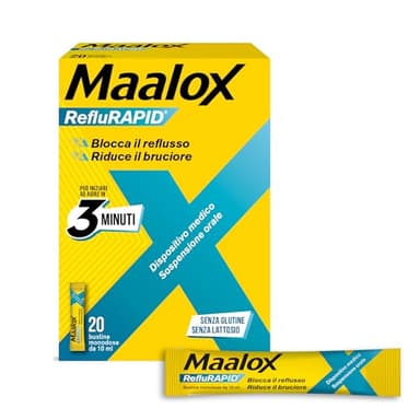 Maalox Reflurapid Blocca il Reflusso Gastroesofageo, Riduce Bruciore e Acidità di Stomaco, anche in Gravidanza - con Bicarbonato di Sodio, Senza Glutine, Senza Lattosio (20 Bustine Gusto Menta)