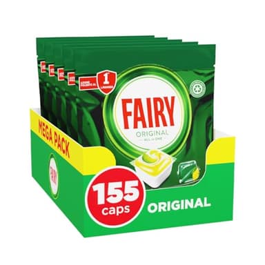 Fairy Detersivo Pastiglie Lavastoviglie, Brillantante, 155 Capsule Lavastoviglie, Original Limone, Azione Pulente Al Primo Lavaggio, Efficace Sul Grasso Incrostato Con Azione Brillante