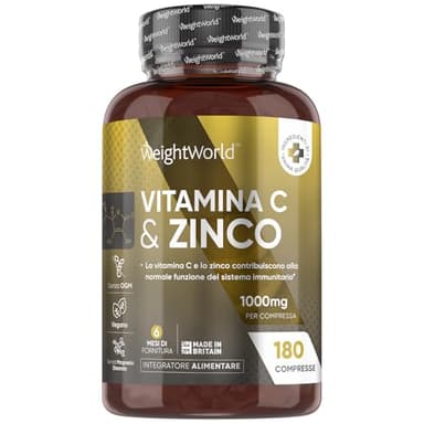 Vitamina C 1000mg e Zinco Integratore Vegano, 1 Compressa al Giorno, per 6 Mesi di Fornitura, 180 Compresse di Vitamina C e Zinco Bisglicinato, Acido Ascorbico, Senza Magnesio Stearato e Privo di OGM