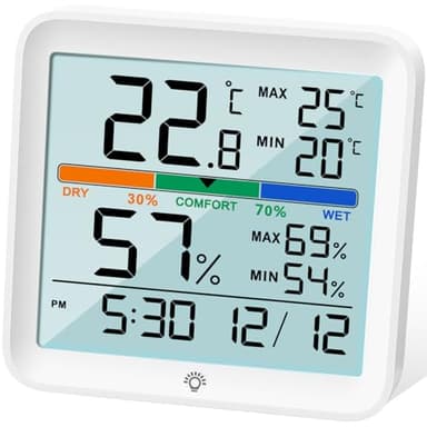 NOKLEAD Igrometro Termometro per interni - Misuratore di umidità digitale per ambienti Misuratore di temperatura accurato Registrazioni max/min, Touch LCD con orologio retroilluminato