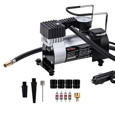 KATSU Compressore portatile auto pompa 12V DC 14A 150PSI per pneumatici per auto, furgoni, 4x4 + 3 adattatori ugelli + 4 valvole + 4 coperture in alluminio