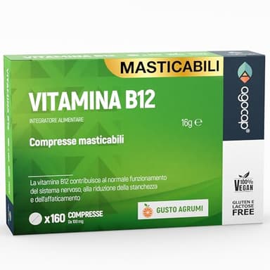 Vitamina B12 da 1000 mcg ad alto dosaggio | 160 microcompresse masticabili, gusto agrumi | Vitamina b vegan da cianocobalamina, supporto per energia fisica e mentale