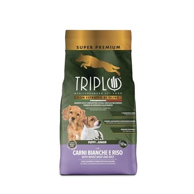 TerComposti - Triplo Pet Food Puppy & Junior 12kg, Ideale per Cuccioli e Femmine in Gestazione, Crocchette Cani con Carni Bianche e Riso, Estratto di Olivo, Secco Nutriente e Bilanciato