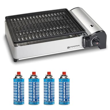 KEMPER - Barbecue a gas portatile da 1,9 kW, griglia anti aderente + 4 cartucce a gas da campeggio
