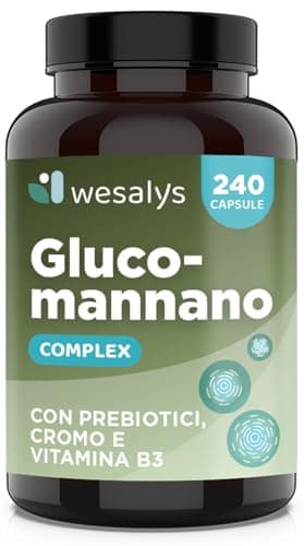 GLUCOMANNANO FORTE 4.200 mg per Dose Giornaliera, 240 CAPSULE, Made in Italy, Arricchito con Cromo, Vitamina B3 e Prebiotici; Fibra Saziante Vegetale, Integratore Ad Alto Dosaggio, Wesalys