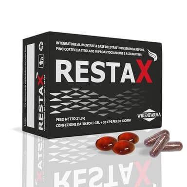 Restax 30+30 per alopecia androgenetica maschile. Antiandrogeno, ferma caduta di capelli e stimola ricrescita, softgel in olio di serenoa repens con massima purezza e dosaggio, formulazione bifasica