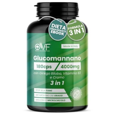 OVF Glucomannano Forte 4000mg 180 cps - Glucomannano Naturale con Ginkgo Biloba, Vitamina B3 (Niacina), Cromo - Glucomannano Capsule che favoriscono il Microcircolo e il Senso di Sazietà