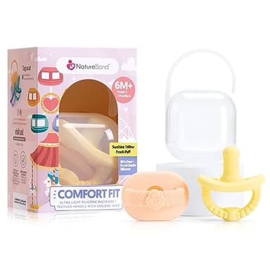 NatureBond Succhietto per neonati Succhietto in silicone Binky succhietto per neonati 2 in 1 | Ultra leggero senza BPA | Copertura igienica gratuita | (6 Mesi +, Giallo e pesca)