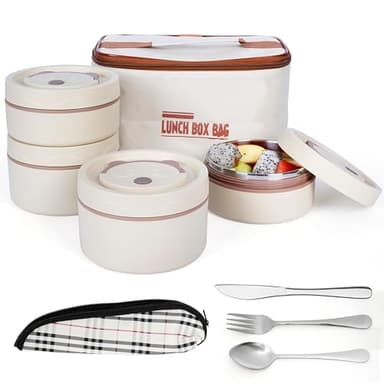 BELLE VOUS Contenitore Termico per Alimenti Caldi - Thermos Cibo Caldo - Termos Pasta Calda Cibi Caldi - Set 5 Portapranzo con Posate - Porta Pranzo - Portavivande Acciaio Beige