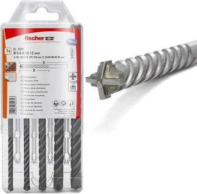 Fischer Kit 5 Punte Trapano D-SDX Quattro Taglienti, 5-6-8-10-12 mm, per Fori Definiti e Circolari su Muro e Pietra, Placca in Carburo di Tungsteno, attacco Cilindrico (non SDS)