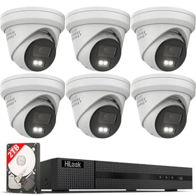 HiLook HIKVISION PoE - Set di telecamere di sorveglianza per esterni, 6 telecamere Turret da 8 MP/4 K, con slot per schede SD, visione notturna ibrida e IR | Rilevamento persona/veicolo, 8 CH NVR 4K