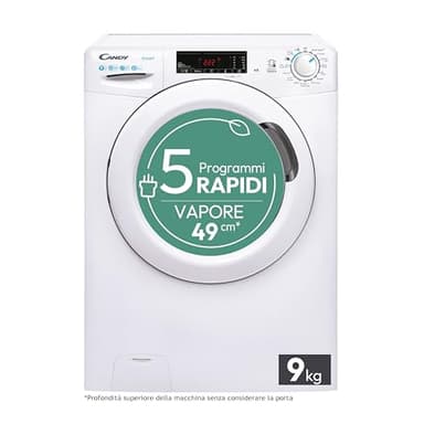 Candy Smart Lavatrice 9kg, carica frontale Classe B, 1200 giri, 16 Programmi, Cicli Rapidi, Partenza Ritardata, Sensore Kilo detector, Connessa NFC, 60 x 52 x 85 cm, Bianco – CSS129TW4-11