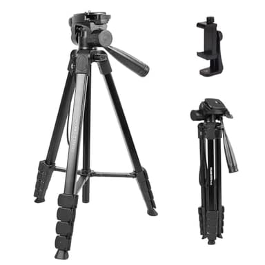 POLAM-FOTO Treppiede leggero da 172 cm, in alluminio, con testa panoramica a 3 vie e supporto per cellulare, adatto per smartphone e fotocamere DSLR, nero