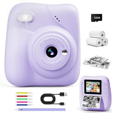 CAMCLID Macchina Fotografica Bambini Istantanea, 1080P HD Macchina Fotografica Istantanea 48MP con Scheda da 32 GB e 3 Rotoli di Carta da Stampa, Regalo per Ragazze Ragazzi da 3-12