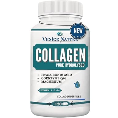Collagene e Acido Ialuronico - Collagene Idrolizzato con Acido Ialuronico Coenzima Q10 + Vitamina C + Magnesio, Vitamina A - B6 - Collagene Completo Integratore - Collagen Venice Nature