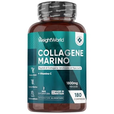 Collagene Marino da 1800mg per Dose con Vitamina C (Acido Ascorbico), Peptidi di Collagene Marino Idrolizzato Tipo I e III, 180 Compresse, Senza Glutine e Privo di Lattosio, Prodotto nel Regno Unito