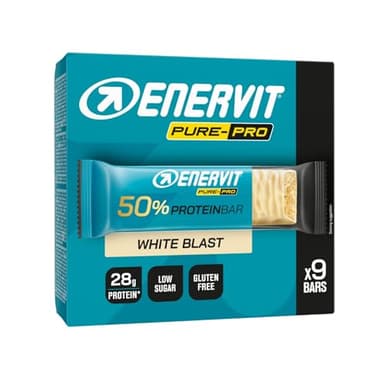 Enervit Pure-Pro Protein Bar 50% White Blast, Barretta Proteica, 28g Proteine, Per Crescita della Massa Muscolare, Post Workout, Gusto Cioccolato Bianco, Low sugar, Senza Glutine, 9 Barrette da 55g