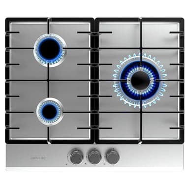 Cecotec Piano cottura a gas Bolero Squad G 3200F Inox. 6250W, 3 fuochi, acciaio inox, griglie complete in ghisa, bruciatore WOK tripla corona, accensione elettrica, sistema sicurezza valvole.
