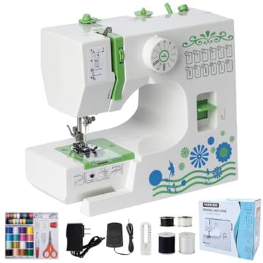 Macchina da Cucire Elettronica Portatile, Qoosea 12 Punti di Cucitura Mini Macchina da Cucire Bambini e Principianti, Cucitrice Automatica per Tessuti con Pedale Luce LED e Kit di Attrezzi Verde