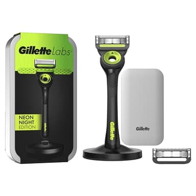Gillette LABS RASOIO UOMO, con 2 LAMETTE DA BARBA di Ricambio, Base Magnetica e BARRA INTEGRATA Elimina Impurità Pelle, Rasatura Facile, Comfort Ottimale, CUSTODIA DA VIAGGIO, Nero e Verde,Idea Regalo
