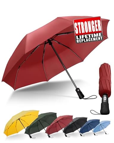 Chakipee Ombrello Pieghevole Pioggia da Viaggio Antivento - Ombrelli Portatile Rosso per Uomo Automatico Apri Chiudi, Rivestimento in 210T Apertura 97 cm 8 ossa