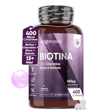 Biotina Capelli + Cheratina + Selenio + Zinco 400 Micro-Compresse (13+ Mesi) Vitamina B7 per Pelle, Unghie, Capelli, Biotina Integratore Alto Dosaggio + Zinco Selenio Cheratina Senza Magnesio Stearato