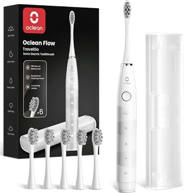 Oclean Spazzolino elettrico sonico Flow Gift Set, Ricarica ogni 180 giorni, 5 Modalità, Impermeabile IPX7, Timer da 2 minuti, 6 Testine DuPont™, Custodia da viaggio, Bianco