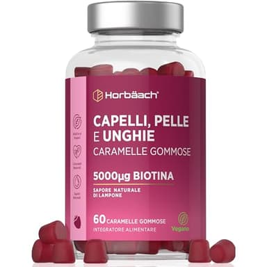 Vitamine per Capelli Gommose | Biotina 5000 mcg + Acido Folico, Vitamine C, B6, E, B12, A, D e Zinco | Integratore Capelli Pelle Unghie | 60 Caramelle Gommose | VEGAN | di Horbaach
