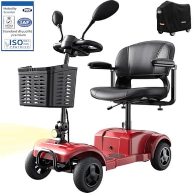 VOCIC D42 Scooter elettrico per disabili pieghevole 135KG,20KM Mobilità scooter adulti stabil con sella,Per tutti i terreni con telone e cestino,3S Piegatura rapida,5 anni garanzia (Rosso)
