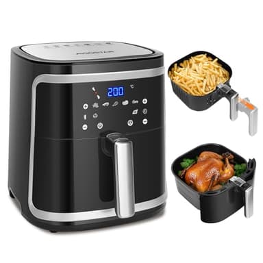 Aigostar Friggitrice ad Aria XXL 7 Litri/2Kg, Air Fryer con Doppio Cesto Indipendente, Tecnologia Rapid Air, 8 Programmi, Funzione di matentimento caldo, App Per Ricette/Libretto Ricettario, 1900W
